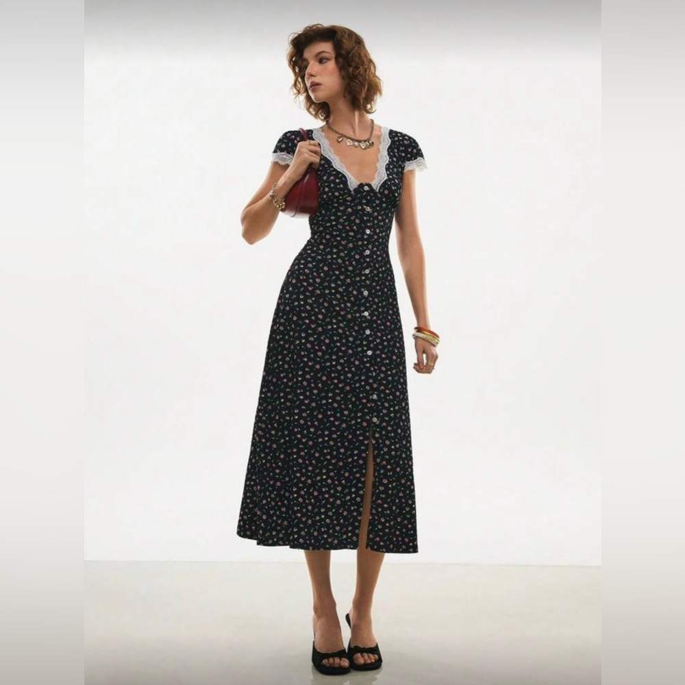 Floral Lace-Trim Cap Sleeve Button Down Vintage Style Dress - Picture 6 of 16